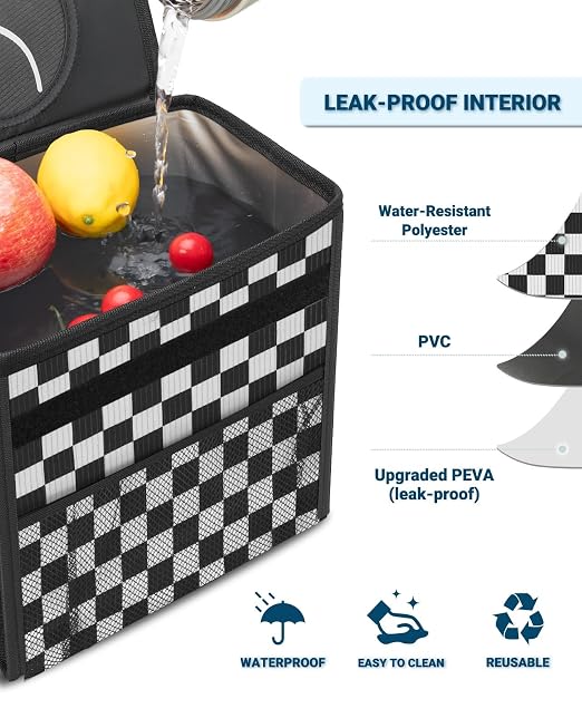 Capolo Car Trash Can with Lid, Leakproof Car Trash Bag Hanging Waterproof Automotive Garbage Can with Storage Pockets Mini Vehicle Trash Bin for Back/Front Seat(Black Checkerboard,2.5 Gallon)