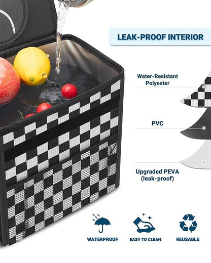 Capolo Car Trash Can with Lid, Leakproof Car Trash Bag Hanging Waterproof Automotive Garbage Can with Storage Pockets Mini Vehicle Trash Bin for Back/Front Seat(Black Checkerboard,3 Gallon)