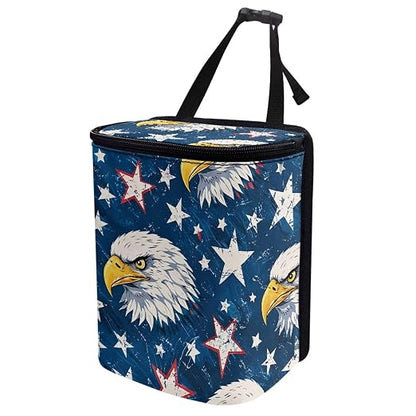 Talayituse Eagle American Flag Print Car Trash Bin, Large Size Auto Trash Can Adjustable Portable Garbage Can with Lid, Vehicle Hanging Bag for Headrest Front Back Seat 4th of July Decor