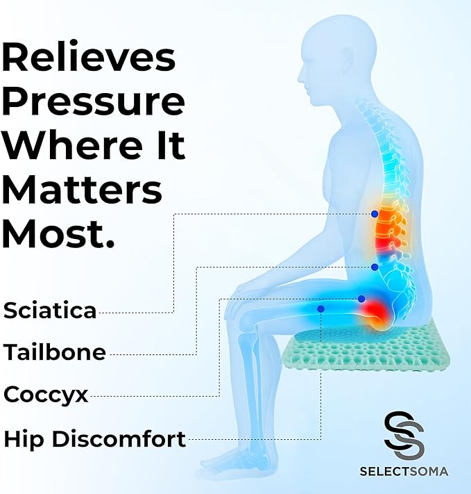 SelectSoma Mint Green Gel Seat Cushion for Long Sitting, Patent-Pending Mold Design, Double-Thick Pressure Relief for Tailbone, Sciatica, Coccyx & Back Pain - Office Chair, Car, Wheelchair, Truck