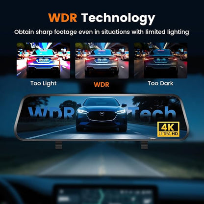 4K Mirror Dash Cam Front and Rear, 10'' Touch Screen Rear Digital View 1080P Rear Mirror Camera for Cars, 170° Night Vision, WDR, 24H Parking Monitoring/Rerverse Assist/Voice Control/G Sensor