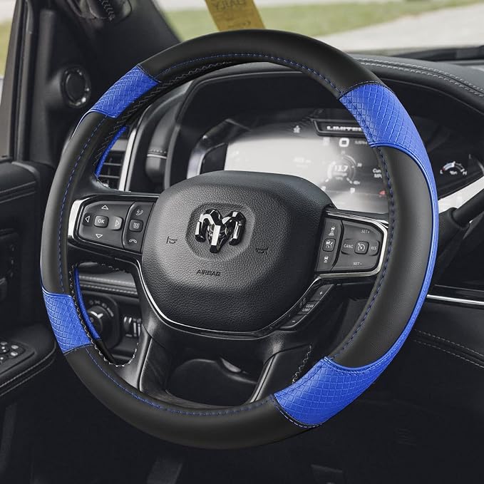 Steering Wheel Cover for Dodge RAM 1500, 2500, 3500 - Premium Microfiber Leather Auto Car Accessory with Non-Slip Grip, Rugged Durability & Interior Upgrade, 15.5-16 inch (Blue-Large Size)