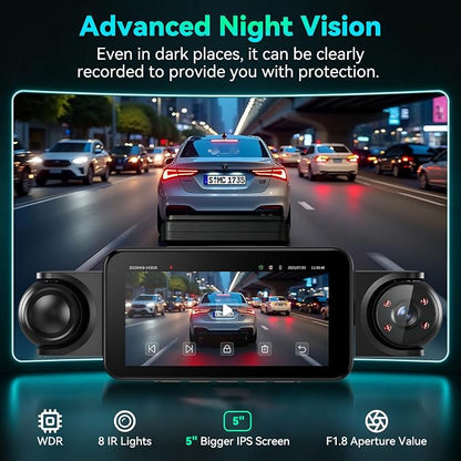 360°View 4 Channel Dash Cam, 5'' IPS Large Screen Dash Camera for Cars, 4K+1080P Front and Rear Inside Left Right, Built-in IR Night Vision, 24H Parking Mode, 64GB SD Card, Wireless APP Transmission