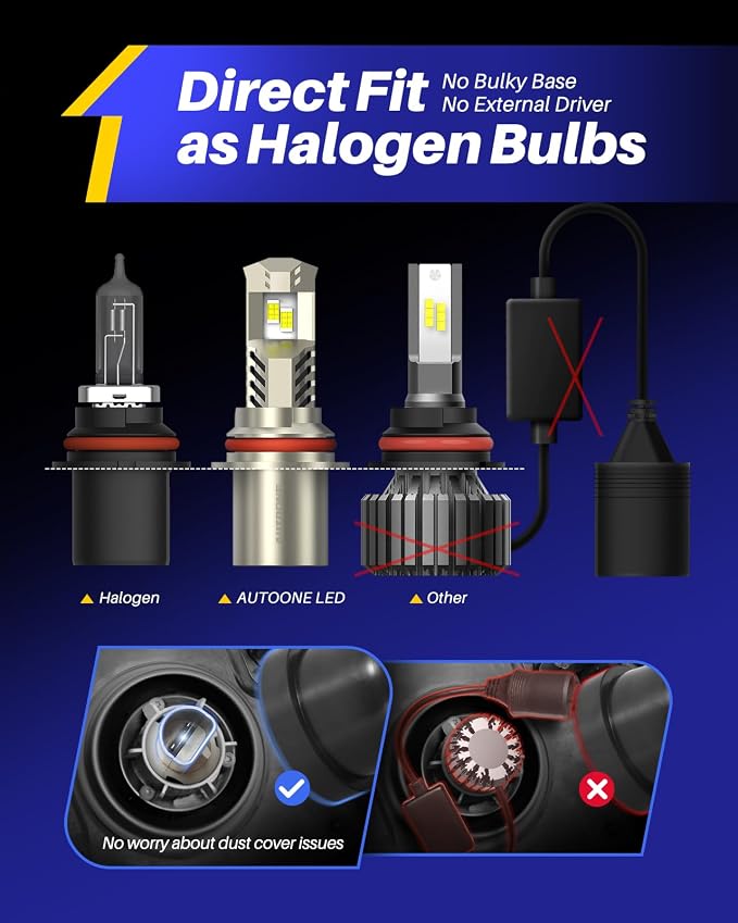 AUTOONE HB5/9007 LED Light Bulbs, OEM Size Direct Fit 900% Brighter, 6000K 10YR Lifespan, Fog Lights Replacement, Pack of 2