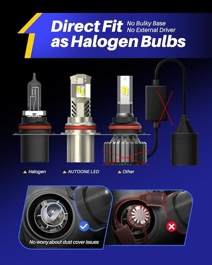 AUTOONE HB5/9007 LED Light Bulbs, OEM Size Direct Fit 900% Brighter, 6000K 10YR Lifespan, Fog Lights Replacement, Pack of 2