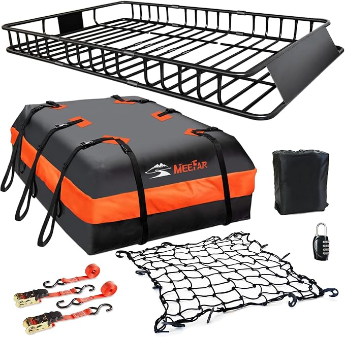 Roof Rack Cargo Carrier Basket 65"*39"*6"+Waterproof Bag 20 Cubic Feet(51"*40"*17"),and Cargo Net with Attachment Hooks,Ratchet Straps.200 Lbs Capacity,Universal Rooftop Large Size Roof Rack Update
