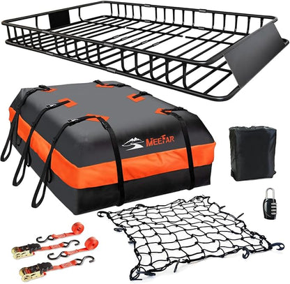 Roof Rack Cargo Carrier Basket 65"*39"*6"+Waterproof Bag 20 Cubic Feet(51"*40"*17"),and Cargo Net with Attachment Hooks,Ratchet Straps.200 Lbs Capacity,Universal Rooftop Large Size Roof Rack Update