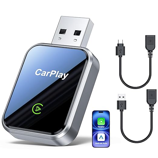 CarPlay Wireless Adapter for iPhone & Android Auto,Plug and Play Mini Size 2 in 1 Apple Wireless CarPlay Adapter,Easy Setup Fit Android & iOS 10+,Extension Cable USB & USB-A/Type-C,Stable Control