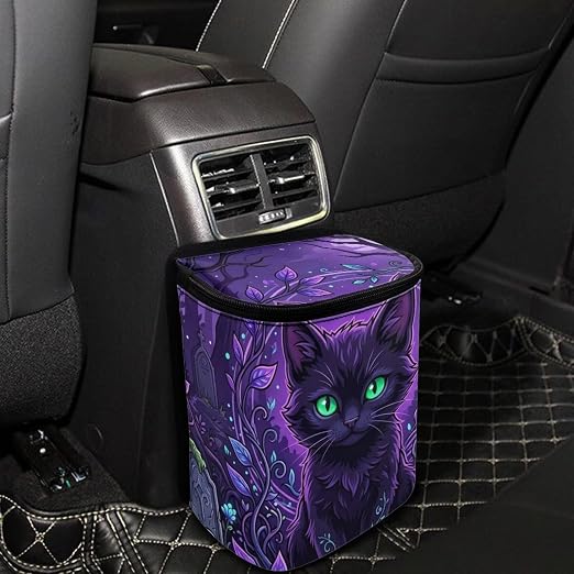 Talayituse Purple Cat Forest Leaf Print Car Trash Can Portable Auto Garbage Bin Multifunctional Vehicle Interior Accessories with Adjustable Straps Universal Fit Truck SUV Sedan