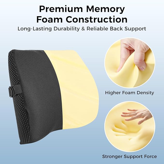 Lumbar Support Pillow for Car & Office Chair - High-Density Memory Foam Back Cushion for Sciatica & Lower Back Pain Relief - Non-Slip Support for Long Commutes & Desk Workers (Black)