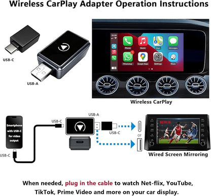 Wireless CarPlay Adapter with Screen Mirroring for Any Apps (YouTube/N-etflix/TikTok) from Phone to in-Vehicle Infotainment Display Screen,Convert Factory Wired CarPlay to Wireless
