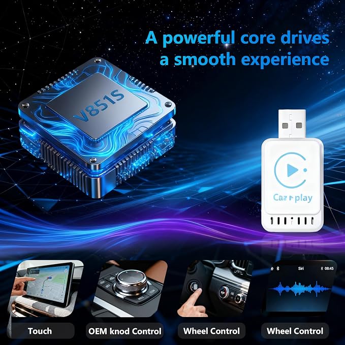2025 Newly Upgraded Wireless CarPlay Adapter: Slim, Lightweight and Portable, Plug-and-Play. Easy to Operate with Stable Connection and no lag, Compatible with iPhone and Android Devices.
