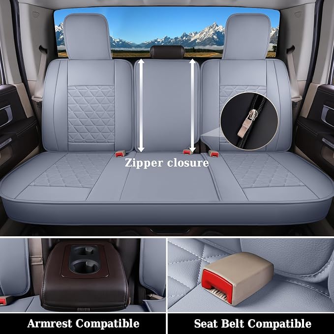 Coverado Car Seat Covers Full Set, Waterproof RAM 1500 Seat Cover Compatible with 2002-2026 RAM 1500 2500 3500 Crew Double Mega Quad Cab with Flat Bench, Gray