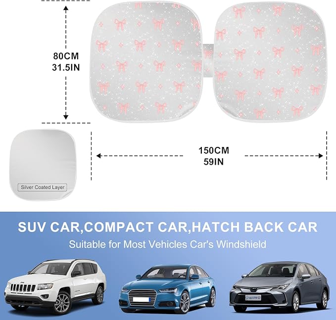Pink Bow Car Windshield Sun Shade, Foldable UV Protection Window Sunshade with Silver Edging & Storage Pouch, Auto Interior Accessories for Sedan, SUV & Hatchback
