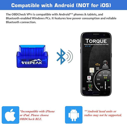 Veepeak Mini Bluetooth OBD2 Scanner Code Reader for Android (NOT for iOS) | Incompatible with iPhone or iPad. Check engine light diagnostics & live data for Android. Supports Torque & Car Scanner App.