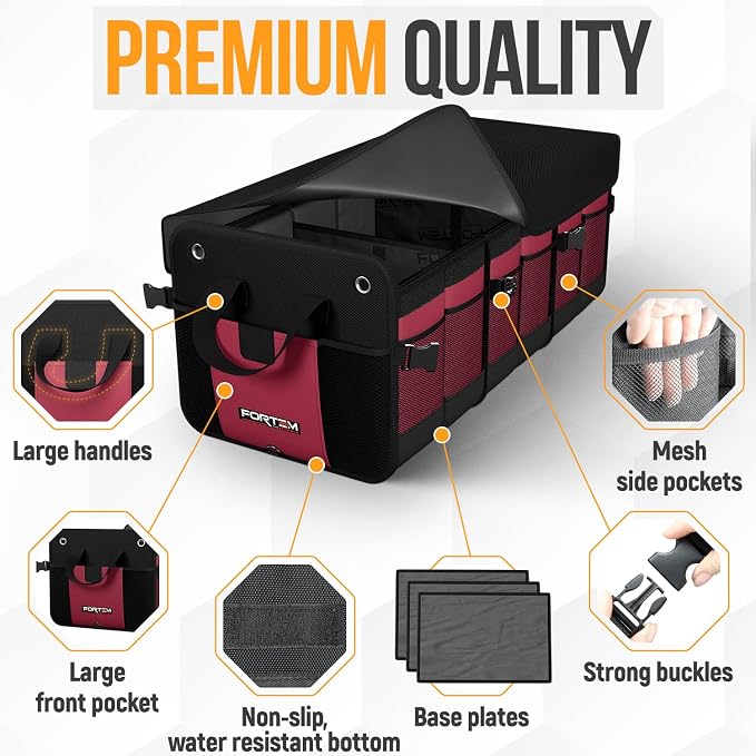 FORTEM Trunk Organizer For SUV Car Organizer and Storage, Multi-Compartment Storage Bag Car Accessories for Women Men, Perfect Christmas Gifts, 1680D Oxford, Non Slip Bottom, Straps, Soft Cover (90L)