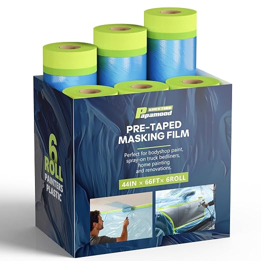 Pre-Taped Masking Film for Painting(6 Roll) - 44" x 66'Painters Plastic Sheeting with Tape and Drape, Painters Drop Cloth for Automotive & Home, Cover for Walls/Floors/Windows/Cars Protection