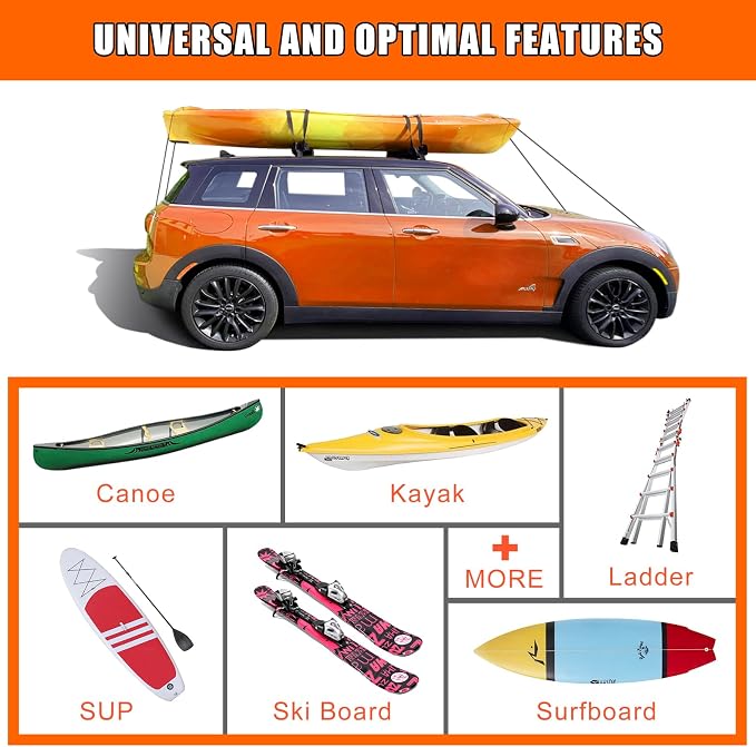 MeeFar Universal Car Soft Roof Rack Pads Luggage Carrier Rack for Kayak Surfboard SUP Canoe Include 2 Heavy Duty Tie Down Straps, 2 Tie Down Rope, 2 Quick Loop Strap