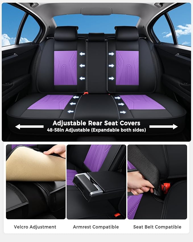 Huidasource Car Seat Covers Full Set, Universal Fit for Most Cars SUV Trucks, Full Coverage Nappa Leather Seat Cover, Airbag, Cupholder Compatible, Velcro Adjustable, Black&Purple