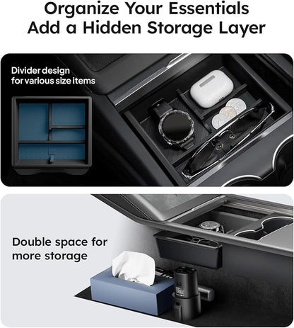 Wigoo Center Console Organizer for Tesla Model Y Juniper (Only Premium & Performance 2025 2026) and All Model 3 Highland Accessories [Double-Layer Storage, Smooth Sliding] 4PCS Black