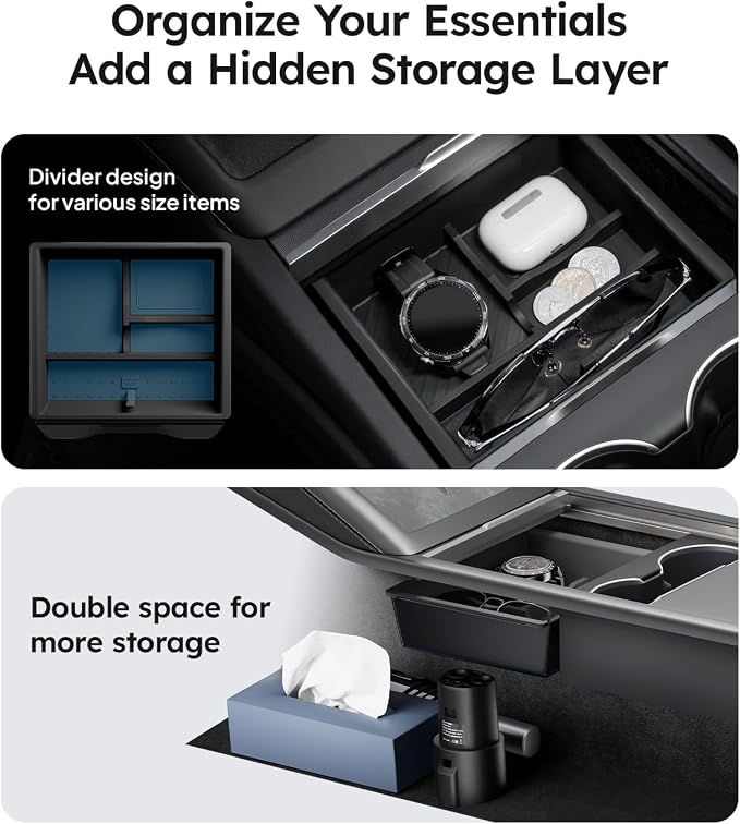 Wigoo Center Console Organizer for Tesla Model Y Juniper (Only Premium & Performance 2025 2026) and All Model 3 Highland Accessories [Double-Layer Storage, Smooth Sliding] 2PCS Black