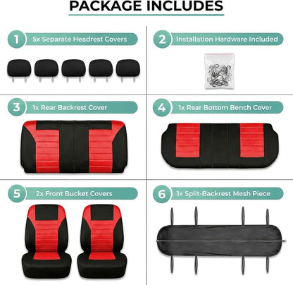 FH Group Automotive Car Seat Covers Full Set Premium 3D Air Mesh Front Seat Covers, Airbag Compatible & Split Bench Cover Universal Fit Interior Accessories for Cars Trucks and SUVs - Red