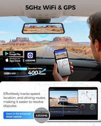 AZDOME PG17 Pro STARVIS 2 Mirror Dash Cam Front and Rear with IMX678, ADAS 12" Rear View Mirror Camera, 4K+ 2.5K Dual HDR Dash Camera for Cars, 5.8GHz WiFi Car Camera with 128GB Card Voice Control GPS