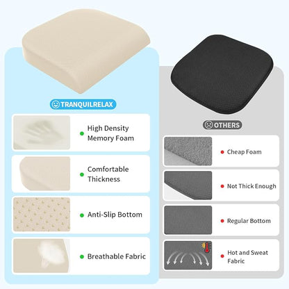 TranquilRelax Large Seat Cushion, Memory Foam Cushion for Long Sitting Hours on Office Chair, Home & Car, Non-Slip Chair Pad for Relieving Back & Sciatica & Hip & Coccyx Pain (Khaki)