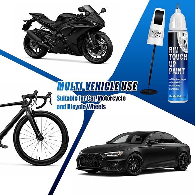 Matte Black Rim Touch Up Paint, 2-in-1 Brush & Tip, 0.4 fl oz - Universal Black Rim Curb Rash Repair Kit for Scratches, Scuffs Alloy/Metal Wheels, OEM Color Match, Quick-Dry & Long-Lasting