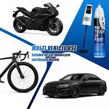 Matte Black Rim Touch Up Paint, 2-in-1 Brush & Tip, 0.4 fl oz - Universal Black Rim Curb Rash Repair Kit for Scratches, Scuffs Alloy/Metal Wheels, OEM Color Match, Quick-Dry & Long-Lasting