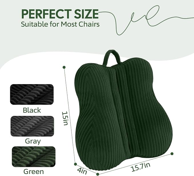 Lumbar Support Pillow for Recliner, Back Support Pillow for Office Chair, Back Cushion with Shredded Foam for Back Pain Relief & Reading, Lumbar Cushions for Couch, Sofa Seat, Car, Green