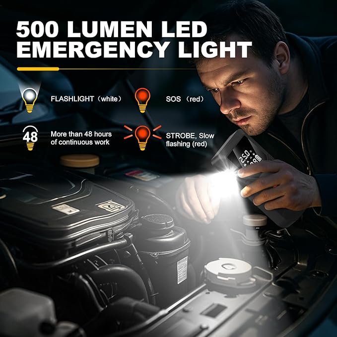 12 V Car 8000 mAh Battery Jump Starter 2800A with 150psI Air Compressor, Compact and Practical Edition QB08L Safe Smart, Portable Jump Box and Charger for 6.0L Gas and 3.0L Diesel Engines.