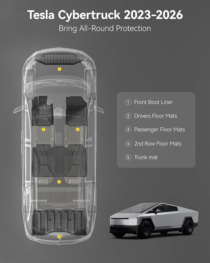 3W Floor Mats Set for Tesla Cybertruck 2023 2024 2025 2026, All Weather Protection Waterproof Frunk & Rear Cargo Liners, Gear Locker Mats Custom TPE Cargo Trunk Accessories Mats for Tesla, Black