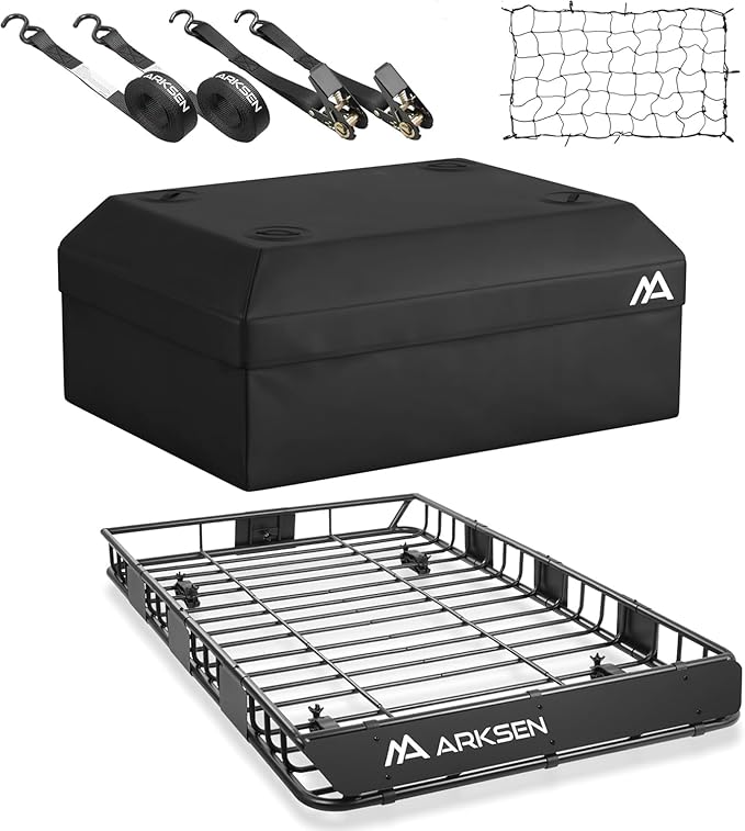 ARKSEN 64" x 39" x 5" Roof Rack Cargo Basket with Extension, Heavy Duty Steel Rooftop Carrier with Waterproof Bag, Net&Tie Down Straps, 150 lbs Capacity, Universal Fit for SUV, Truck, RV, Pickup