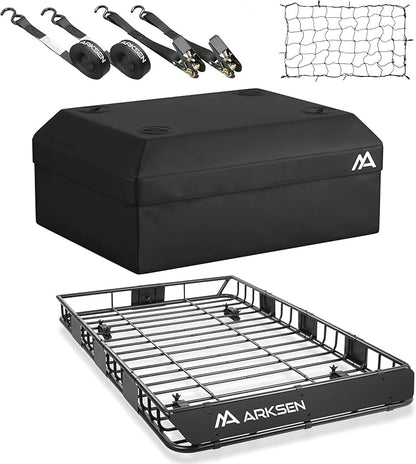 ARKSEN 64" x 39" x 5" Roof Rack Cargo Basket with Extension, Heavy Duty Steel Rooftop Carrier with Waterproof Bag, Net&Tie Down Straps, 150 lbs Capacity, Universal Fit for SUV, Truck, RV, Pickup