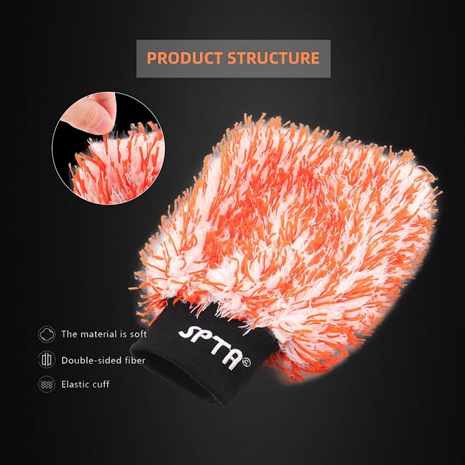 SPTA Microfiber Car Wash Mitt, 3Pcs Car Sponge Glove Wrapped in Soft, Plush Fiber Cloth Material, Safe Washing with Any Car Soap, Bucket, Foam Gun, Foam Cannon, Other Cleaning Supplies