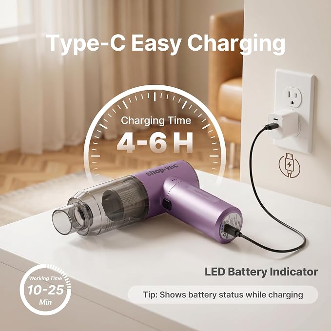 Shop-Vac S4 Handheld Car Vacuum Cleaner Cordless, 16000Pa 3-in-1 Mini Hand Vacuum & Air Duster with Brushless Motor, Multi-Nozzles, Rechargeable, for Car, Office, and Home Detail Cleaning (Purple)