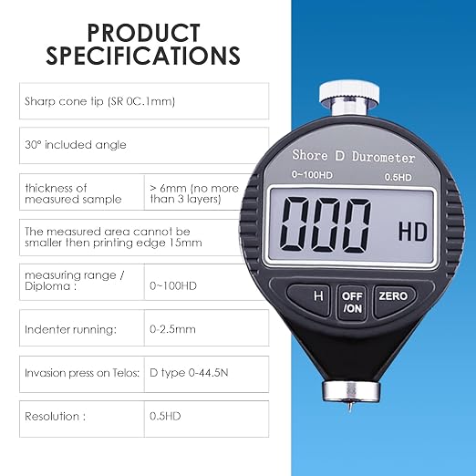 Shore D Hardness Tester Meter Portable 0-100HD Digital Durometer D for Rubber, Tire, Plastic, Thermal Plastic, Flooring, Bowling Ball with Large LCD Display