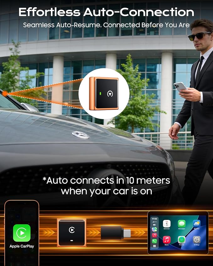 Wireless CarPlay Adapter for iPhone Only, with USB-C | Zero-Latency Auto-Connect GPS, Easy Wired-to-Wireless Conversion for Apple CarPlay, Works with Factory Wired CarPlay, Orange