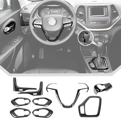 JeCar 9pcs Set Black Carbon Fiber Interior Trim Kit for 2014-2018 Jeep Cherokee Interior Accessories