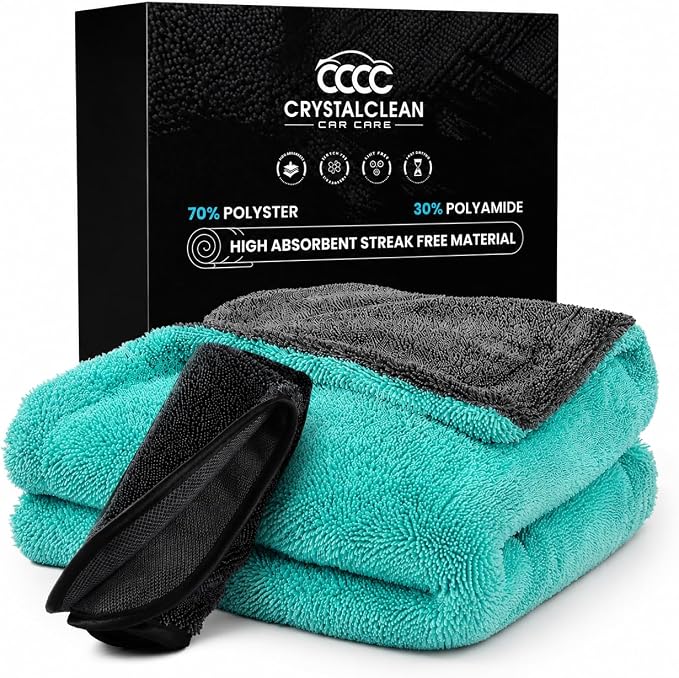 Crystal Clean 1300GSM Microfiber Towels for Cars – XL Drying Towel with Double Twisted Loop, Professional Detailing Towel Car Detailers - Quick Dry, Paint Safe & Swirl-Free (Grey+Green)