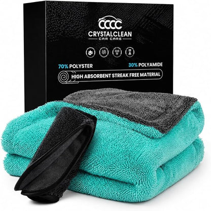 Crystal Clean 1300GSM Microfiber Towels for Cars – XL Drying Towel with Double Twisted Loop, Professional Detailing Towel Car Detailers - Quick Dry, Paint Safe & Swirl-Free (Grey+Green)