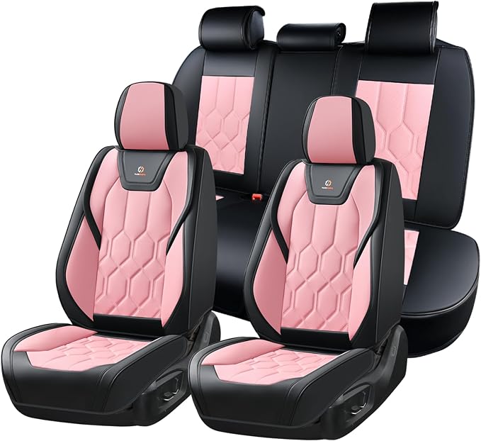 Huidasource Seat Covers Full Set, Universal Fit for Most Cars SUV Trucks, Full Coverage Leather Seat Cover, Airbag, Cupholder Compatible, Seat Function Retain, Easy Install with Velcro, Black & Pink
