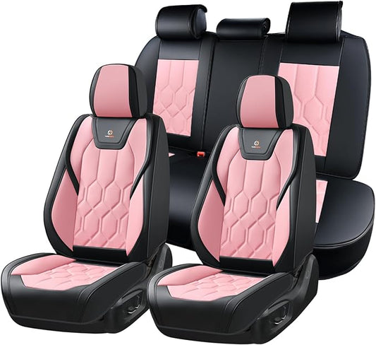 Huidasource Seat Covers Full Set, Universal Fit for Most Cars SUV Trucks, Full Coverage Leather Seat Cover, Airbag, Cupholder Compatible, Seat Function Retain, Easy Install with Velcro, Black & Pink