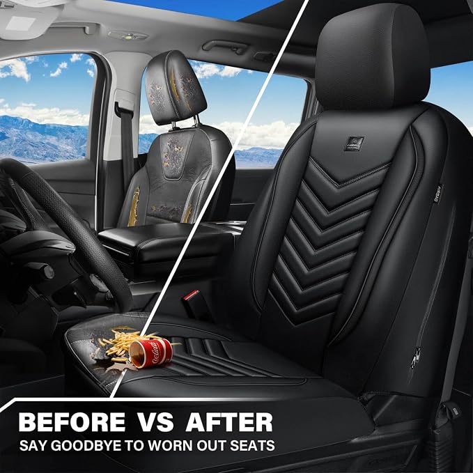 CAR PASS 3D Foam Faux Leather Seat Covers Front Seats,Waterproof Leather Front Seat Cover for Cars,Luxury Universal Fit for SUV Truck Sedan Automotive, Armrest Airbag Compatible Anti-Slip, Black