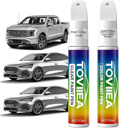 Iconic Silver Metallic(JS/M7432A) Touch Up Paint Compatible with Ford,2-In-1 Car Scratch Remover Pen,Car Paint Scratch Repair Kit for Scratches,Chips & Nicks,2-PCS SET