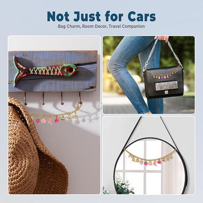 Strawberry & Flower Seashell Butterfly Rear View Mirror Charm – Cute Boho Car Hanging Decor with Bow, Lucky Mushroom & Cowboy Boot, Car Accessories for Women, Gift for Drivers