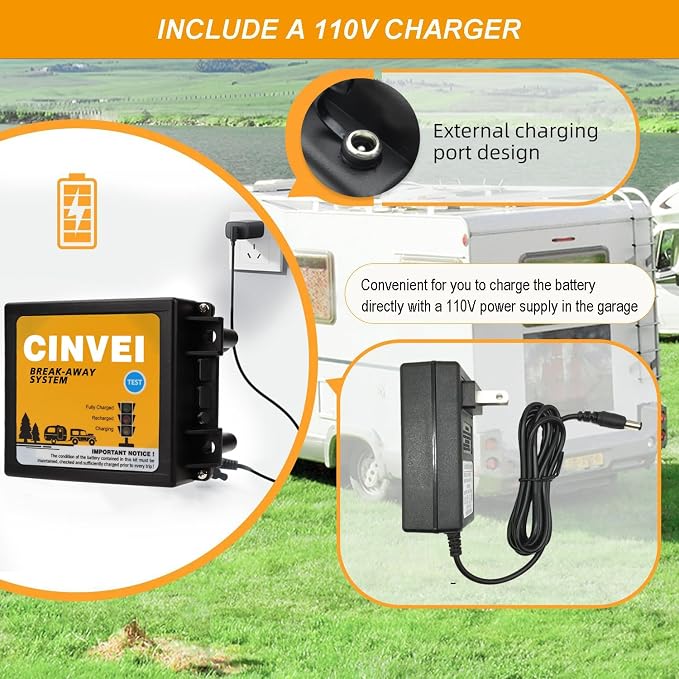 Trailer Brakes Breakaway Kit with Charger, LED Indicator, Switch, 12V 5AH Battery for Trailer Caravan