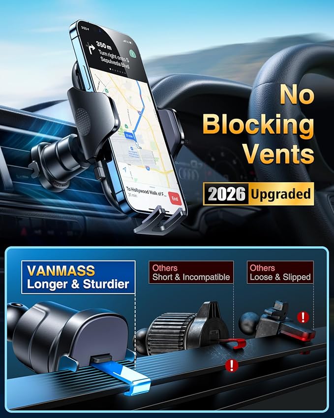 [True Military-Grade] Car Phone Holder VANMASS [Upgraded Strongest Suction&Clip] Cell Phone Mount for Dashboard Windshield Vent Kit, Truck Cradle Stand for iPhone 17 Pro Max 16 15 14 Android,Ink Black