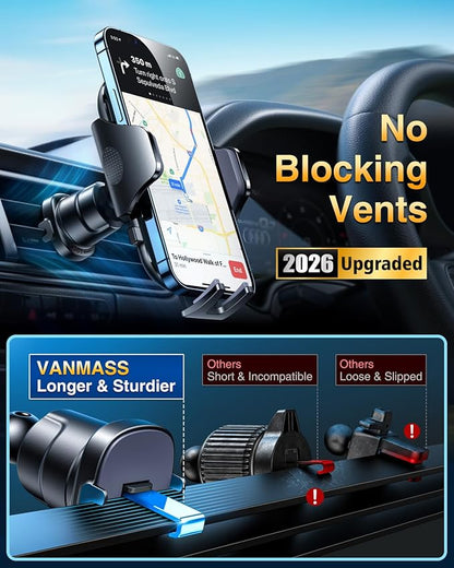 [True Military-Grade] Car Phone Holder VANMASS [Upgraded Strongest Suction&Clip] Cell Phone Mount for Dashboard Windshield Vent Kit, Truck Cradle Stand for iPhone 17 Pro Max 16 15 14 Android,Ink Black